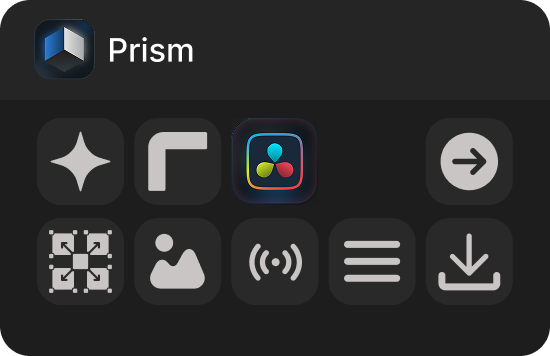 Prism plugin control panel showing the DaVinci Resolve icon alongside other integration options