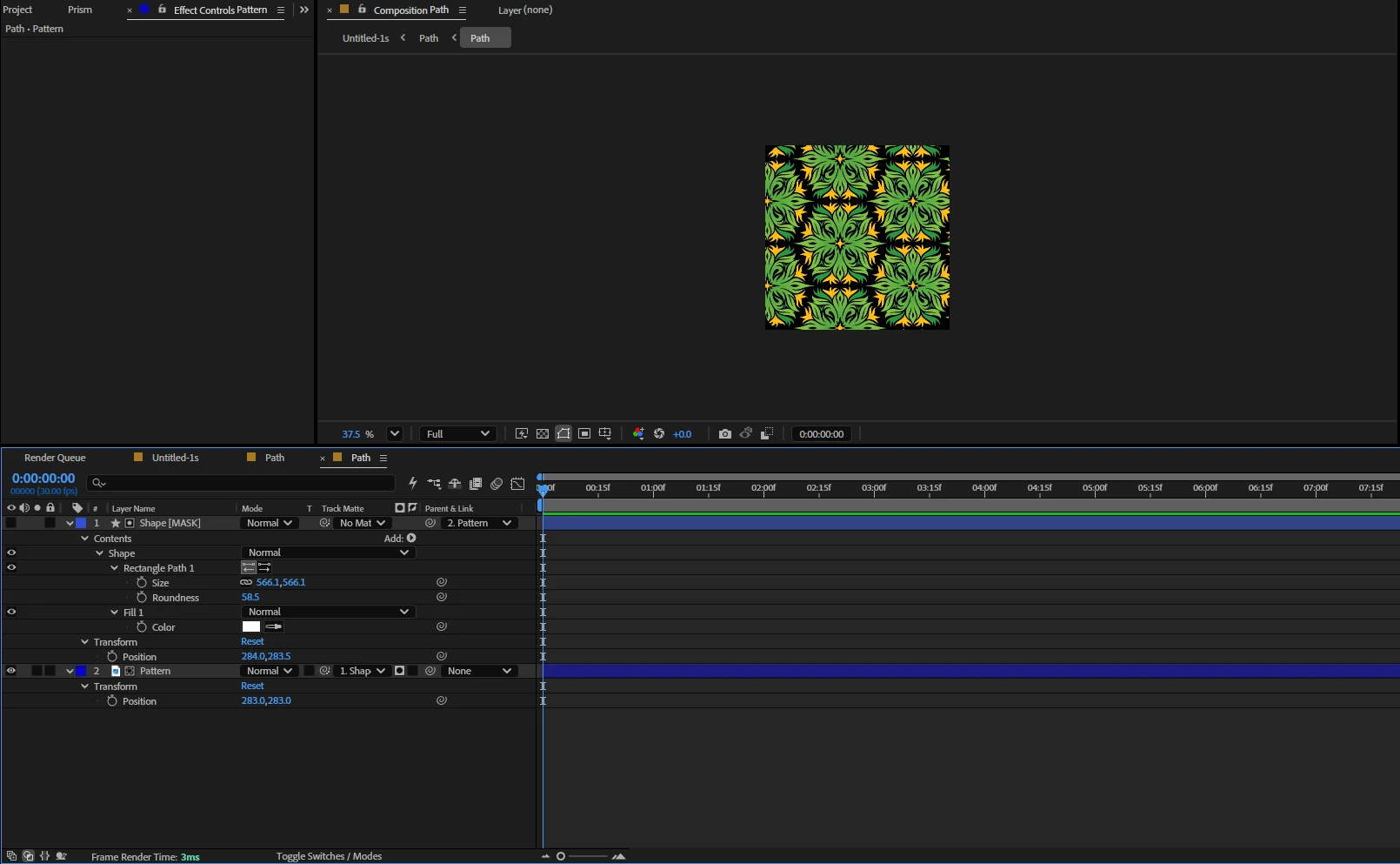 Reshaping the matte changes what the pattern shows through. A pattern fill, with the shape still editable