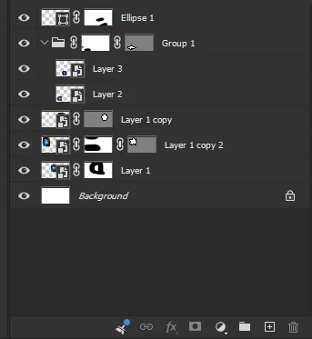 The Photoshop Layers panel showing the five masked layers used on this page