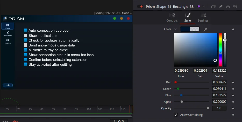 Opacity, per fill and per layer transferred from Figma into DaVinci Resolve with Prism